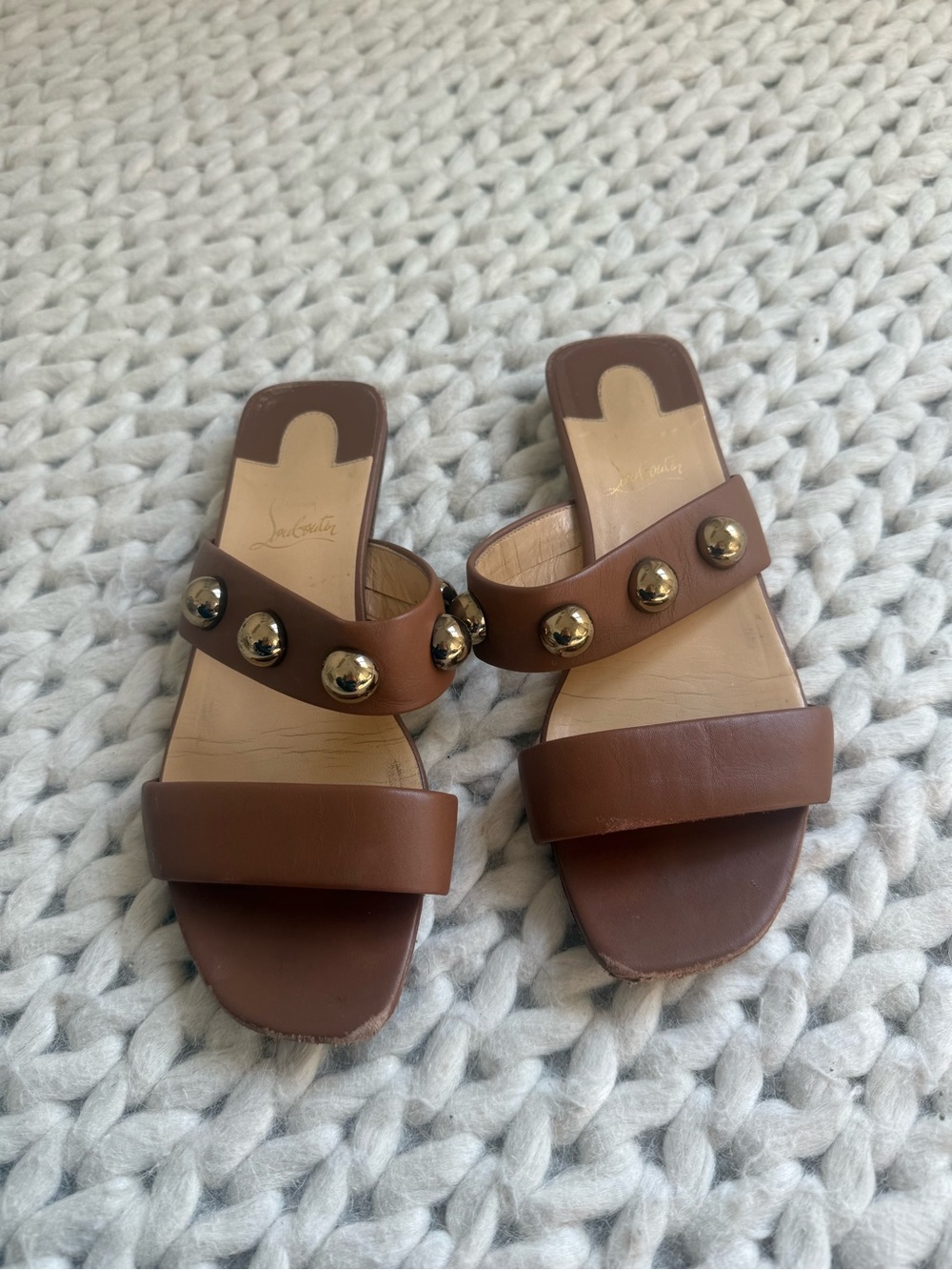 Christian Louboutin Brown Billie flat Slide calfskin Sandals with Gold Studs